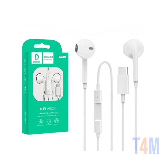 AUSCULTADOR DE ÁUDIO HIFI DENMEN DR09 COM MICROFONE PARA PORTA TIPO C BRANCO